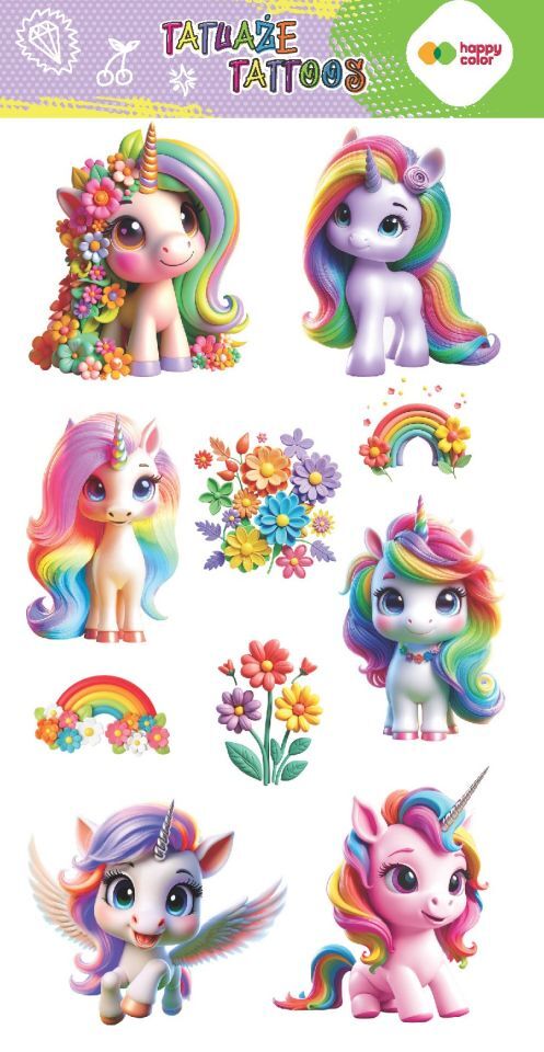 Tatuaże zmywalne Flower Unicorns 100x200mm Happy Color