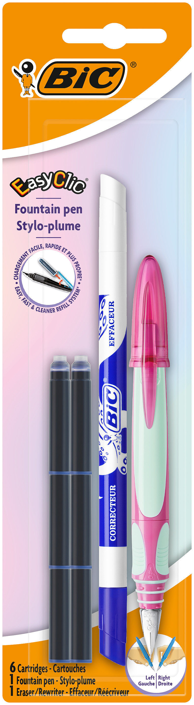Pióro wieczne + wkłady+ wymazywacz niebieski bic easy clic standard fp blister 1+6+1szt mix