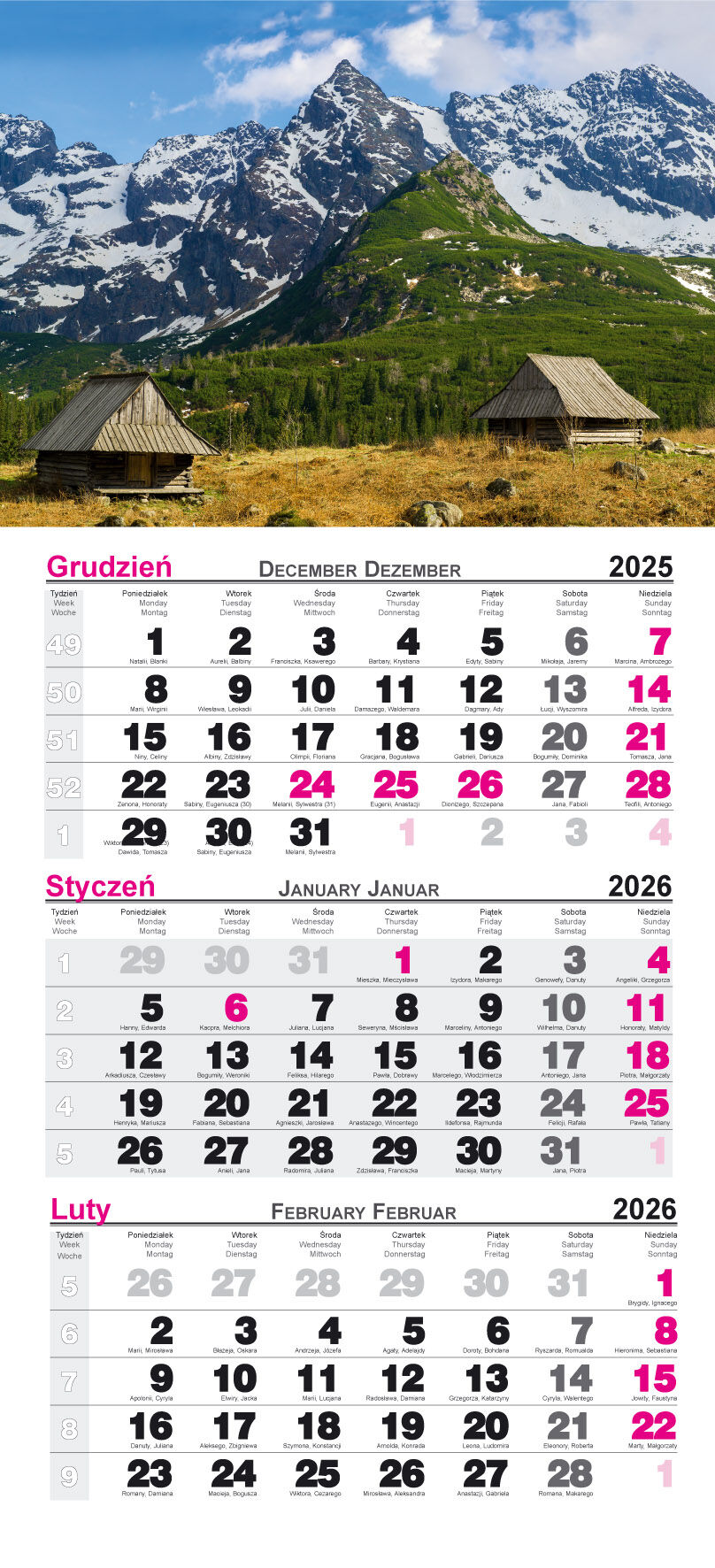 Kalendarz 2026 trójdzielny Tatry