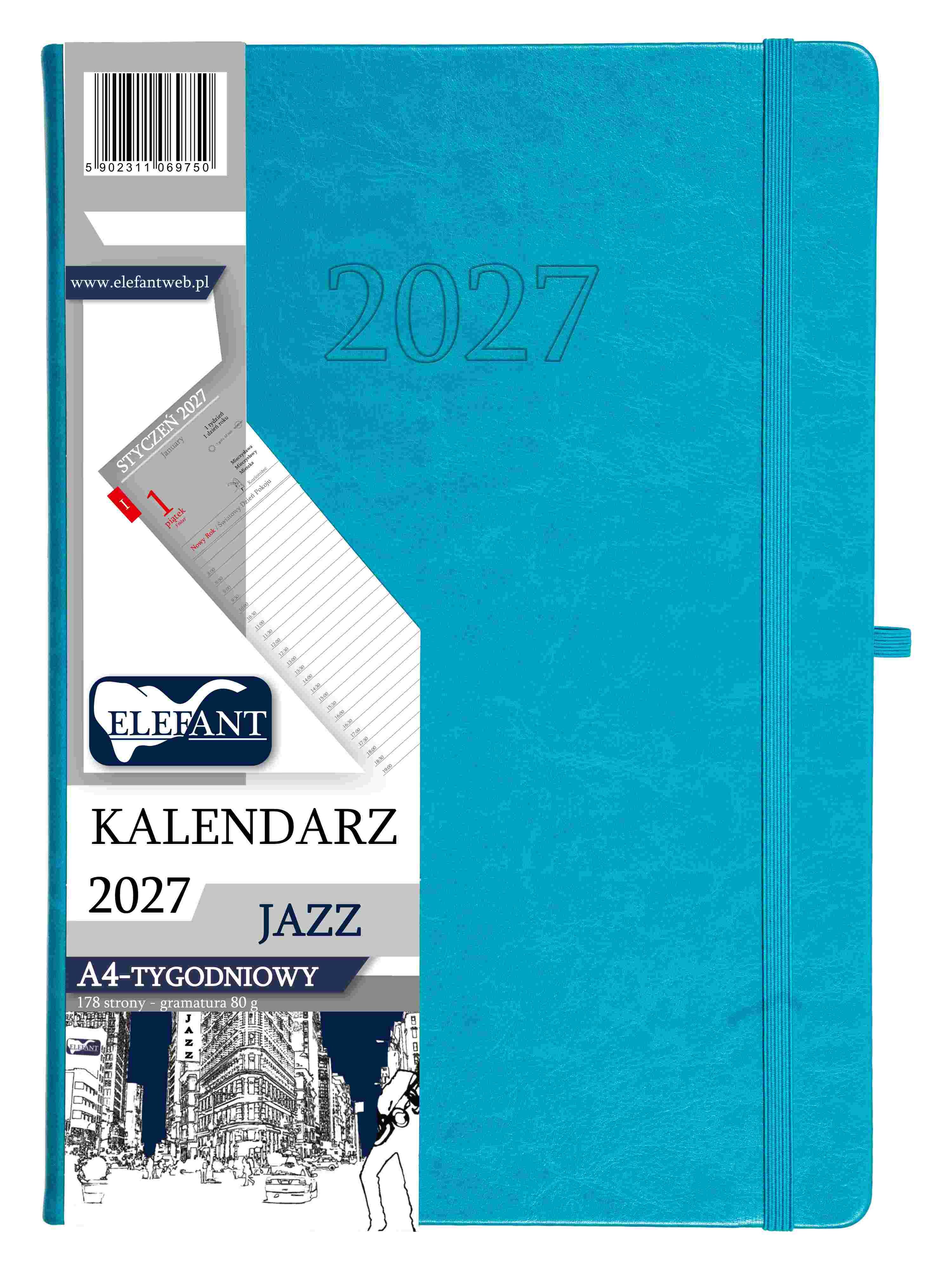 Kalendarz 2027 Jazz A4 tygodniowy turkusowy