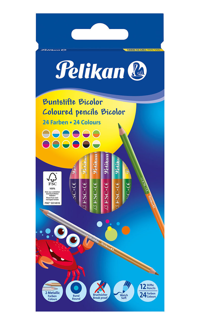 Kredki pelikan dwustronne 12 sztuk, 24 kolory