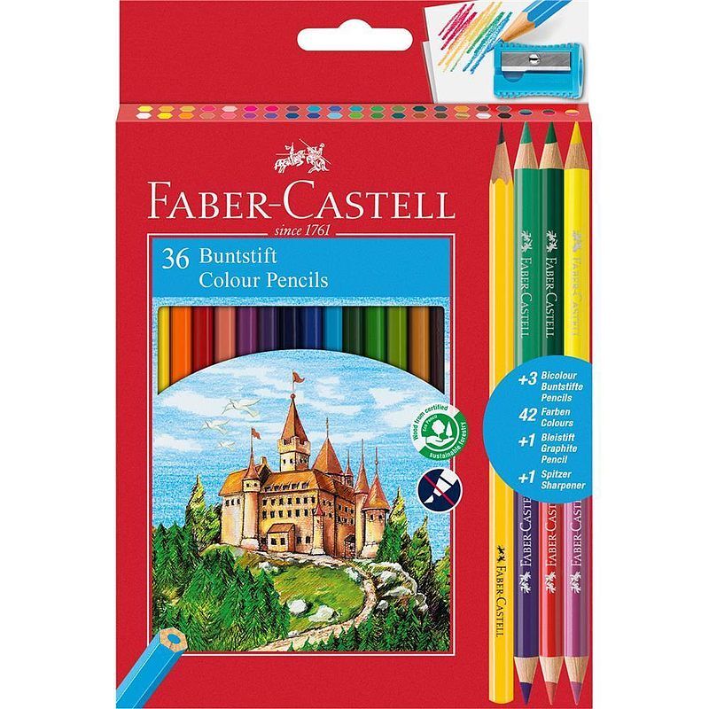 Kredki ołówkowe faber-castell zamek 36 kolorów +3 kredki dwustronne+ołówek+temperówka
