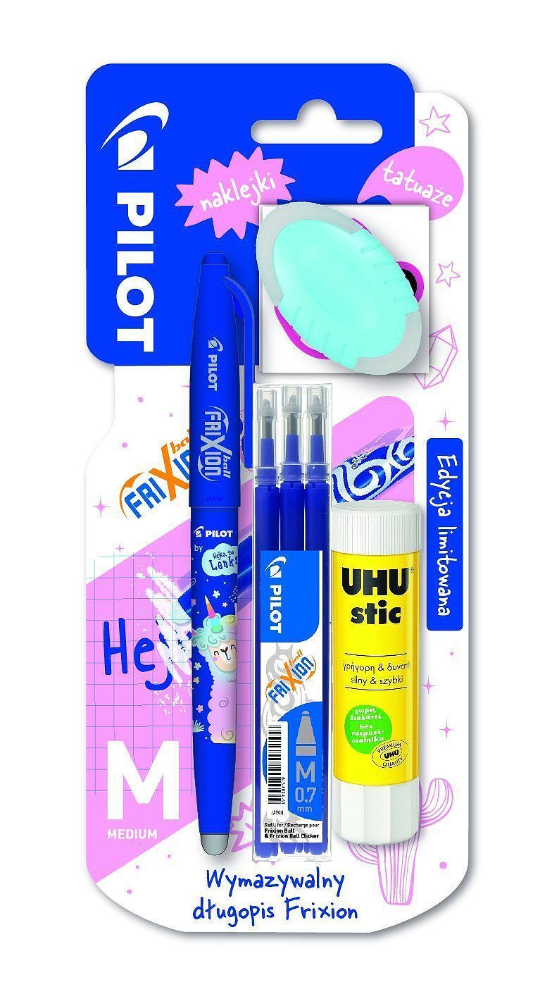 Pilot pióro kulkowe frixion lenka limited edition niebieskie+wkład frixion niebieski x3+klej w sztyfcie 8g+gumka