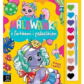 Malowanka z farbkami i pędzelkiem. Pieski i kotki