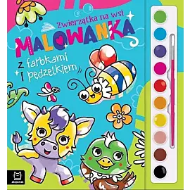 Malowanka z farbkami i pędzelkiem. Zwierzątka na wsi