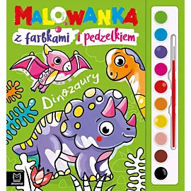 Malowanka z farbkami i pędzelkiem. Dinozaury