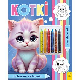 Kolorowanka z kredkami. Kolorowe zwierzaki. Kotki
