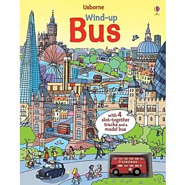 Wind-up bus book with slot-together tracks