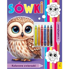 Kolorowanka z kredkami. Kolorowe zwierzaki. Sówki