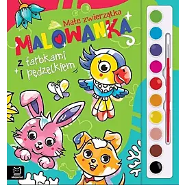 Malowanka z farbkami i pędzelkiem. Małe zwierzątka