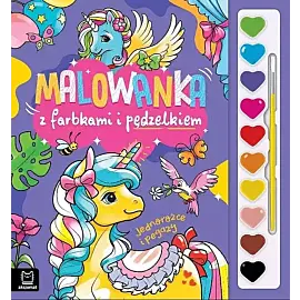 Malowanka z farbkami i pędzelkiem. Jednorożce i pegazy