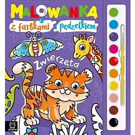 Malowanka z farbkami i pędzelkiem. Zwierzęta