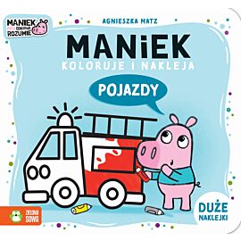 Maniek koloruje i nakleja. Pojazdy